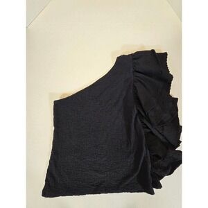 Anthropologie One Shoulder Ruffle‎ Top Black Textured Blouse Party Cocktail L